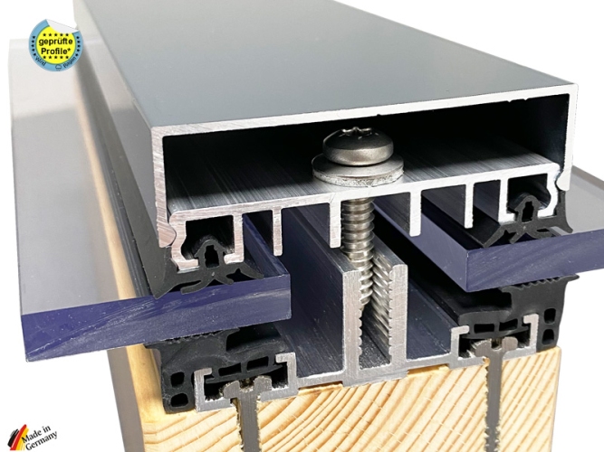 Glasklemmprofile für VSG oder Solarglas; auch für flache Dachneigungen 